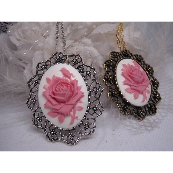 Pink Rose Cameo Necklace Brooch Pin Silver Gold - Picture 3 of 5